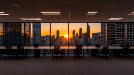 Bright office with empty desks and chairs ready for use, featuring stunning floor-to-ceiling windows that frame a bustling city skyline at sunset