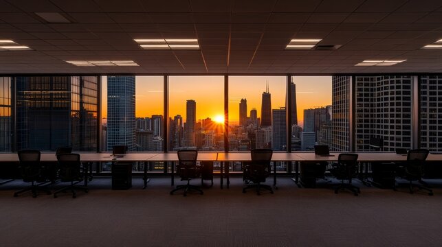 Bright office with empty desks and chairs ready for use, featuring stunning floor-to-ceiling windows that frame a bustling city skyline at sunset