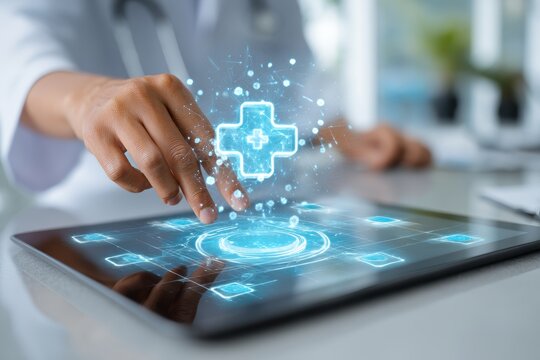 Asian doctor engaging with tablet and holographic medical icon in a modern hospital setting