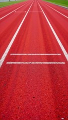 Fototapeta premium Worn, textured red running track; faded lane markings visible, race, exercise