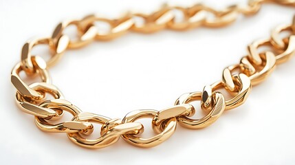 A close up of a gold chain necklace on a white surface studio shot