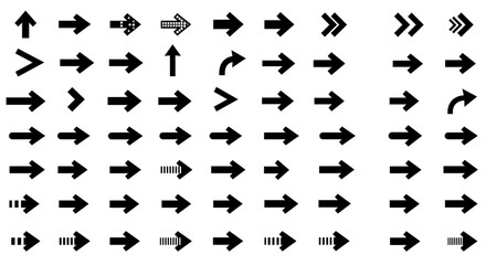 A comprehensive collection of diverse arrow symbols showcasing various directions and styles in a simple black and white design.