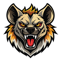 Cartoon Hyena Head with Aggressive Expression, Sharp Teeth, Glowing Eyes on White BG