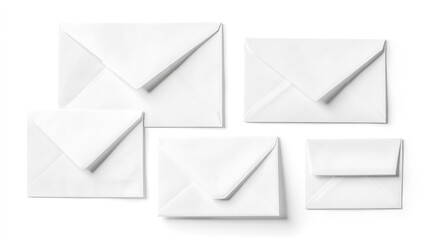 Set of white paper envelopes isolated on white background - blank mailing stationery, office supplies, correspondence materials.