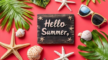 "Hello Summer" text on a wooden signboard adorned with palm leaves, seashells, a starfish, and a glass of orange juice. The signboard is placed on the beach with palm leaves and a sunset in the