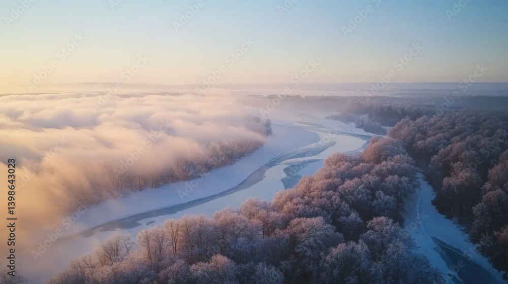 Aufkleber a winding frozen river snakes through a snow-covered forest with frosted trees, all under a pale blu