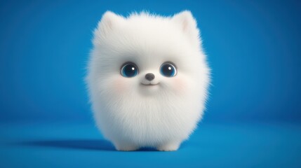 Fototapeta premium A fluffy white dog with large expressive eyes sits against a blue background, exuding cuteness and charm, This image is perfect for pet-related promotions, greeting cards, or children's products,