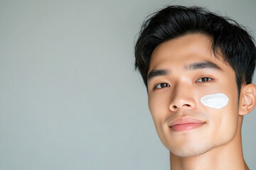 Young man applying skincare with a smile.