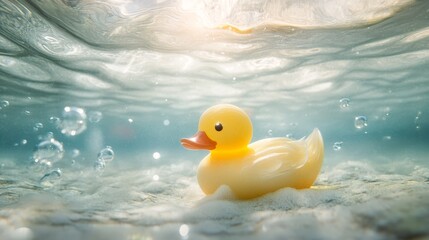 Yellow rubber duck floating underwater with sunlight and bubbles