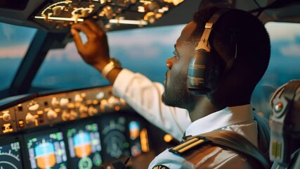 Focused airline pilot in uniform operating a modern airplane cockpit during twilight flight.


