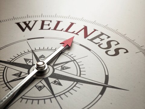 Compass with Wellness Text for Life Balance". wellness coaching concept, mental health infographic.