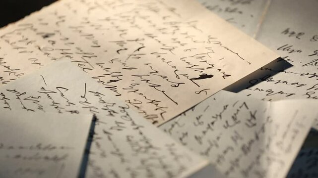 This video shows a collection of handwritten letters scattered on a dark surface. The elegant script and vintage paper evoke a sense of history and personal communication.
