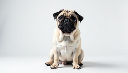 Obraz premium Adorable pug dog sits alone against white background , close-up, adorable, face