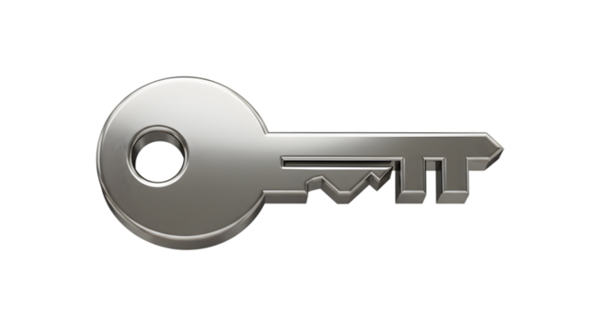 A shiny metal key with a circular head and jagged teeth isolated against a black background space for text