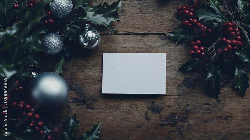 Poster silver ornaments and holly branches surround a blank greeting card on a rustic wooden table, creatin