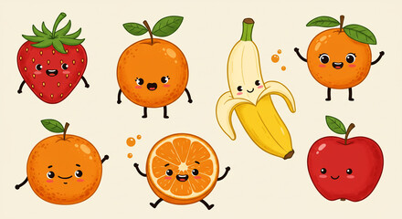 Delightful fruit friends having a cheerful picnic, showcasing vibrant colors and adorable cartoon expressions.