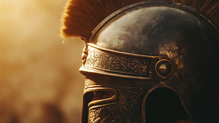 Antique Warrior Helmet: Bronze-toned head protection adorned with intricate details and a plume against a warm, blurred backdrop.