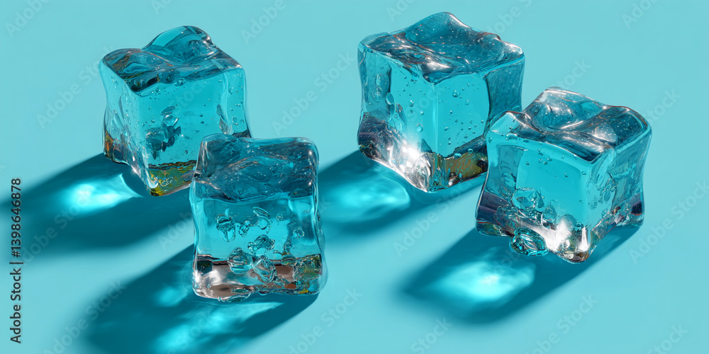 Poster four translucent teal ice cubes on a teal background cast shadows, showcasing freshness and coolness