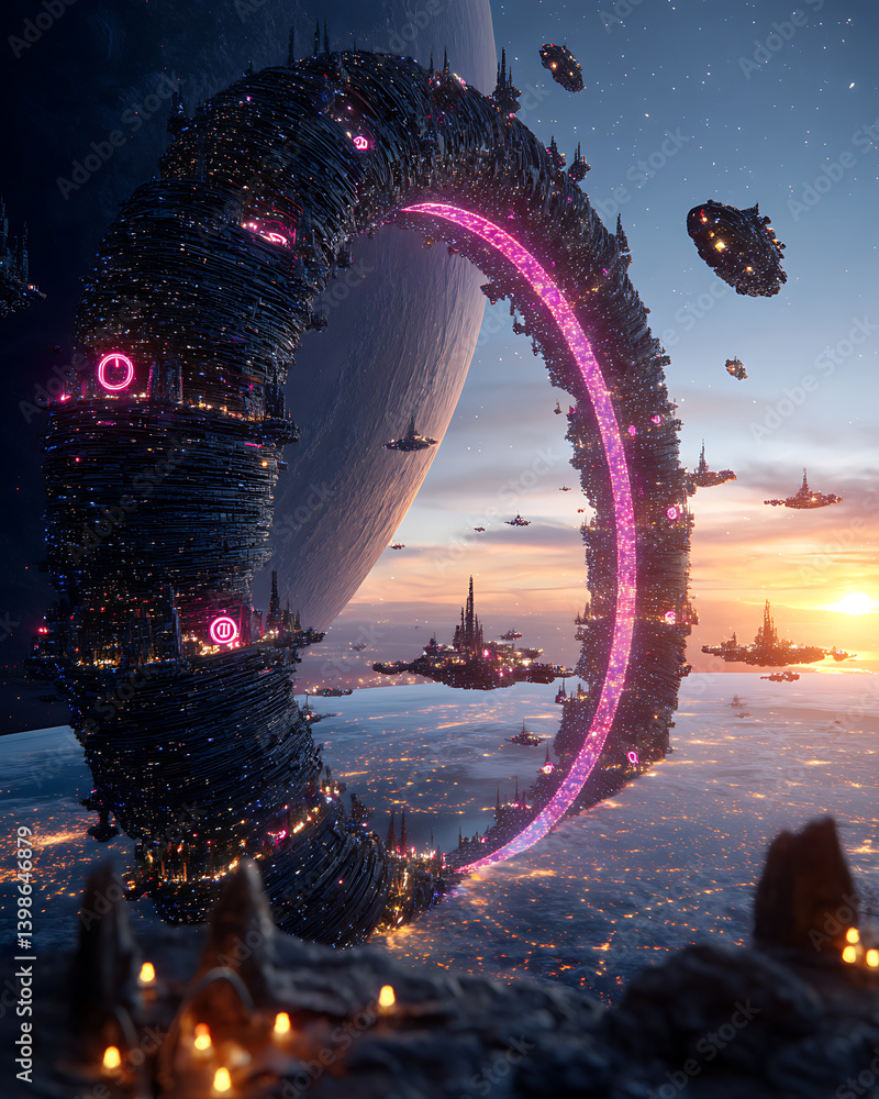 Poster stunning futuristic scene featuring massive glowing ring structure in space, surrounded by various s