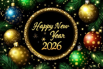 Sophisticated 2026 New Year's Greeting with Gold Glitter, Ornaments, and Fir Branches