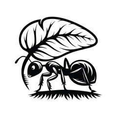 Detailed Black Silhouette of an Ant Carrying a Large Leaf on White Background