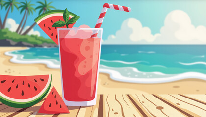 Obraz premium Refreshing Watermelon Drink on a Beach with Ocean Background 