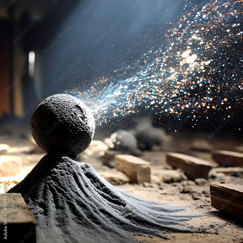 Aufkleber captivating scene featuring spherical object emitting burst of sparkling particles against dark back