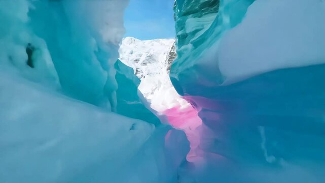 A drone view of a fast-flying mountain glacier towards fluffy clouds