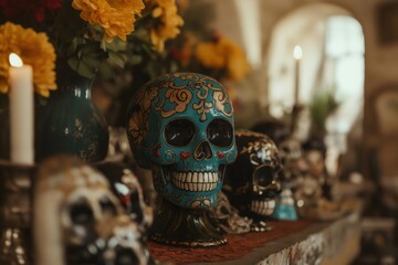Decorated calaveras and candles creating a festive atmosphere during Day of the Dead celebration in Mexico