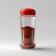 Chili powder in clear shaker bottle with red lid, no label. Spice container, cooking ingredient, seasoning on white background.