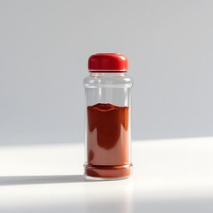 Chili powder in clear shaker bottle with red lid, no label. Spice container, cooking ingredient, seasoning on white background.