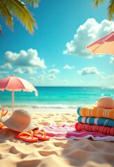 colorful beach accessories vibrant fun sand sunlight relaxation vacation summer joy coastal, input, sea, umbrella, towel, cooler, shovel, ball, sunhat