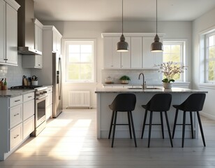 Fototapeta premium Bright sun shines through clean, modern kitchen. Interior features white cabinets, stylish black bar stools, granite countertops, window light. Contemporary design, new home decor.