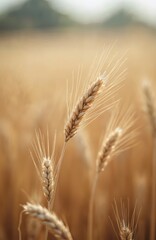 Fototapeta premium Close-up shot ears wheat in golden field. Ripe cereal crop ready for harvest. Golden hour sunlight. Agriculture farming, food concept. Bread, bakery themes. Rural nature landscape. Harvest season.