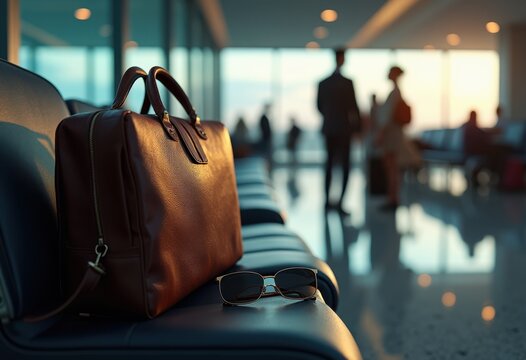 leather briefcase elegant design airport departure lounge bench travel essentials lifestyle professional exquisite texture, luggage, suitcase, baggage, gear