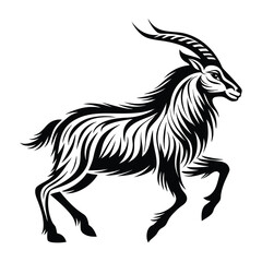 Elegant Black Ibex Silhouette Leaping Mountain Goat with Ornate Striped Horns Isolated
