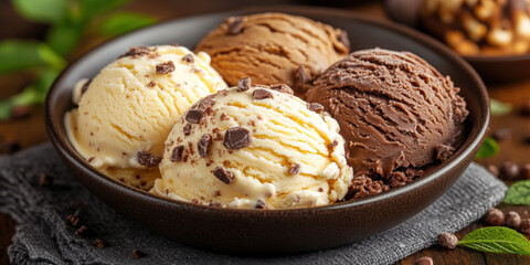 Fototapeta premium Four Scoops of Ice Cream in a Brown Bowl: Vanilla, Chocolate Chip, and Dark Chocolate Flavors