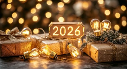 Joyful 2026 New Year's Wish Featuring Golden Gifts and Lighting