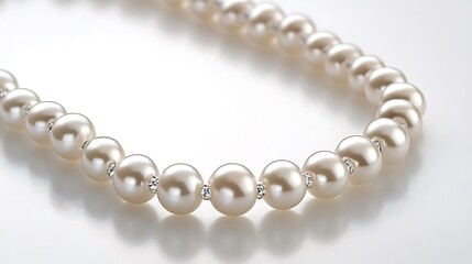Close up of a pearl necklace with diamond accents on a white surface