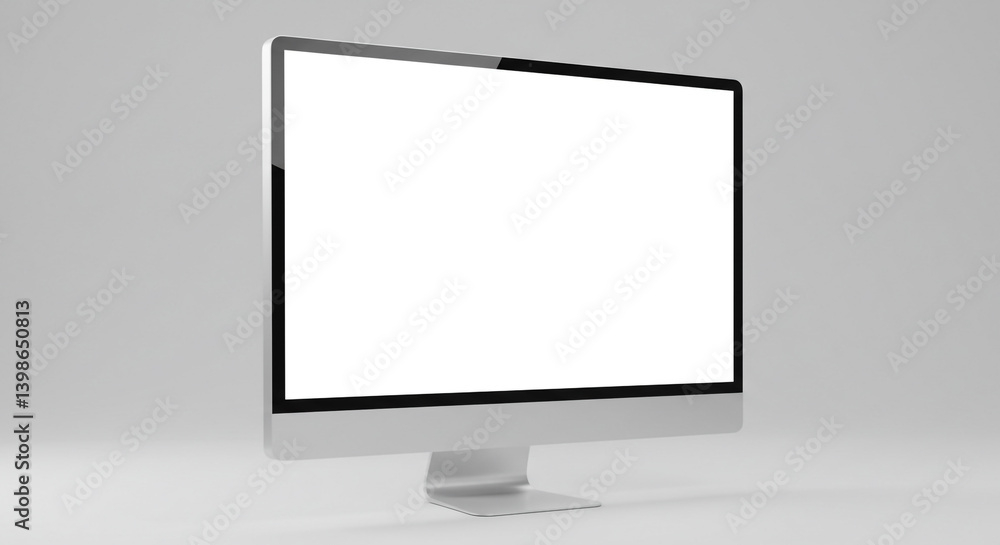 Poster a sleek silver desktop computer with a bright blank screen ready for your design showcasing limitles