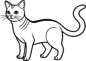 Cartoon cat with curled tail and black outline, isolated on white
