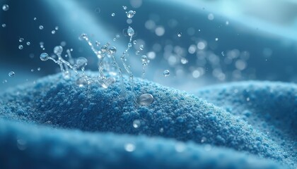 High-definition image of advanced textile cleaning tech in action. Water droplets remove dirt at microscopic level. Innovative cleaning process. Modern tech. Blue colors.