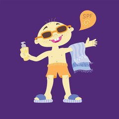 Little boy with sunscreen spf cream. Concept of Childrens Skin Sunburn Cause Redness, Pain. Cartoon People Vector Illustration isolated on a blue background.