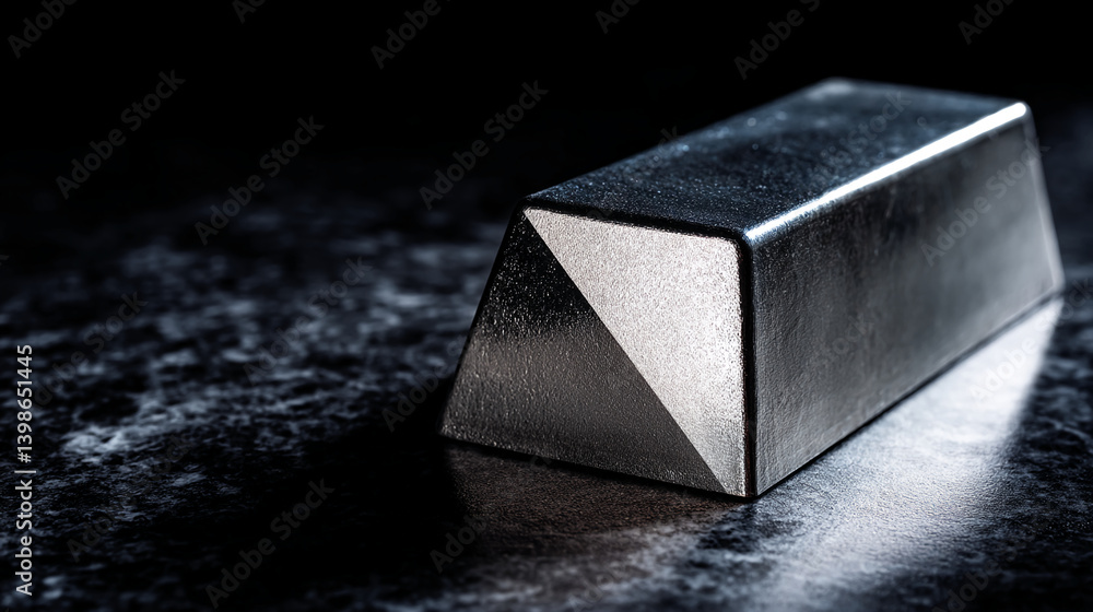 Poster dark gray metallic bar with textured surface, resting on a dark background, showcasing a minimalist 
