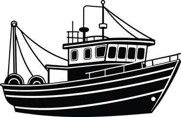 Black and white illustration of a classic commercial fishing trawler vessel