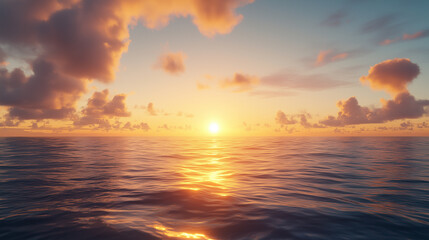 Obraz premium AI-generated photorealistic sunrise over a tranquil ocean with golden reflections on soft waves and a sky filled with warm clouds. Ideal for nature, serenity, and morning themes.