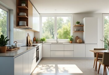 Fototapeta premium modern kitchen transformation sleek cabinets minimalist design innovative storage bright aesthetic, workspace, cupboard, fixture, surface, appliance