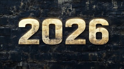 Metallic 2026 glowing on a dark textured background with sparks