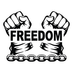 Fist Holding Freedom Text with Broken Chains Illustration, Black and White Silhouette
