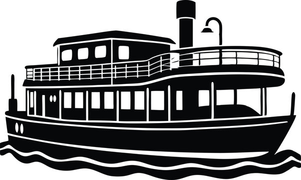 Detailed illustration of a classic steam powered ferry boat in monochrome